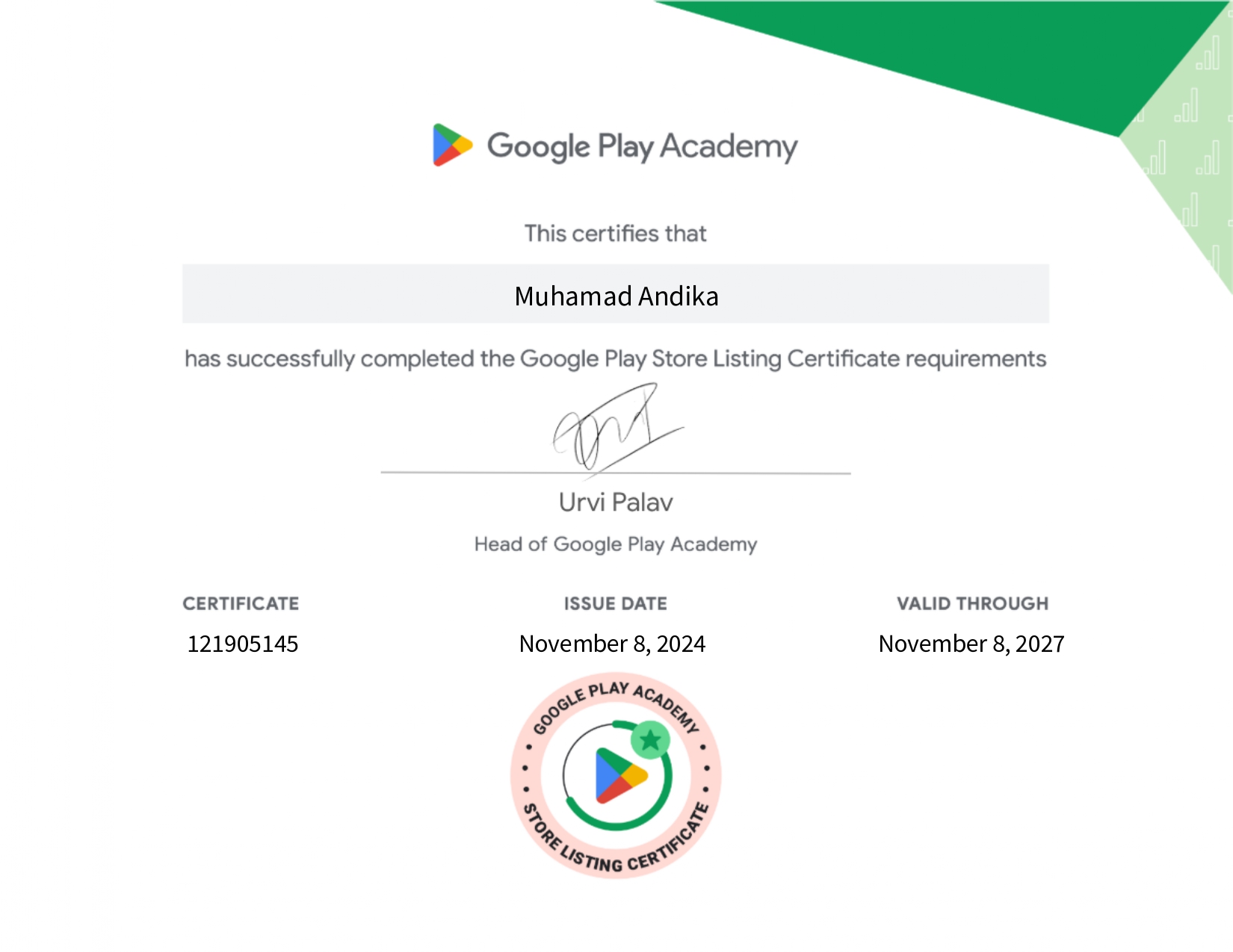 Sertifikat Google Play Store Listing Certificate